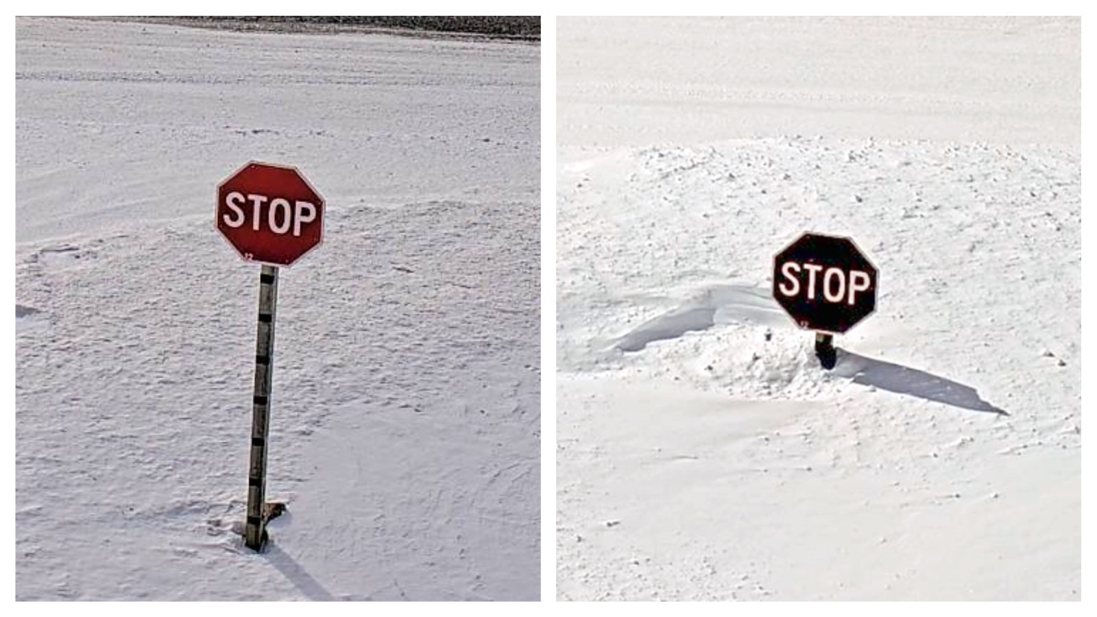 The annual Stop Sign Snow Challenge is on again. Over the coming months, participants will watch as snow creeps up this stop sign on Togwotee Pass. Left, the sign as of Friday. Right, late in the season during a past contest.