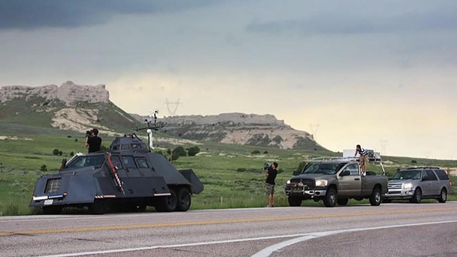 The TIV2 (Tornado Intercept Vehicle) was made famous by the Discovery television series "Storm Chasers." A Colorado man now owns the Mad Max-style weather chasing tank and uses it to pursue tornadoes across Wyoming and the High Plains. Here it's stopped in Goshen County, Wyoming.