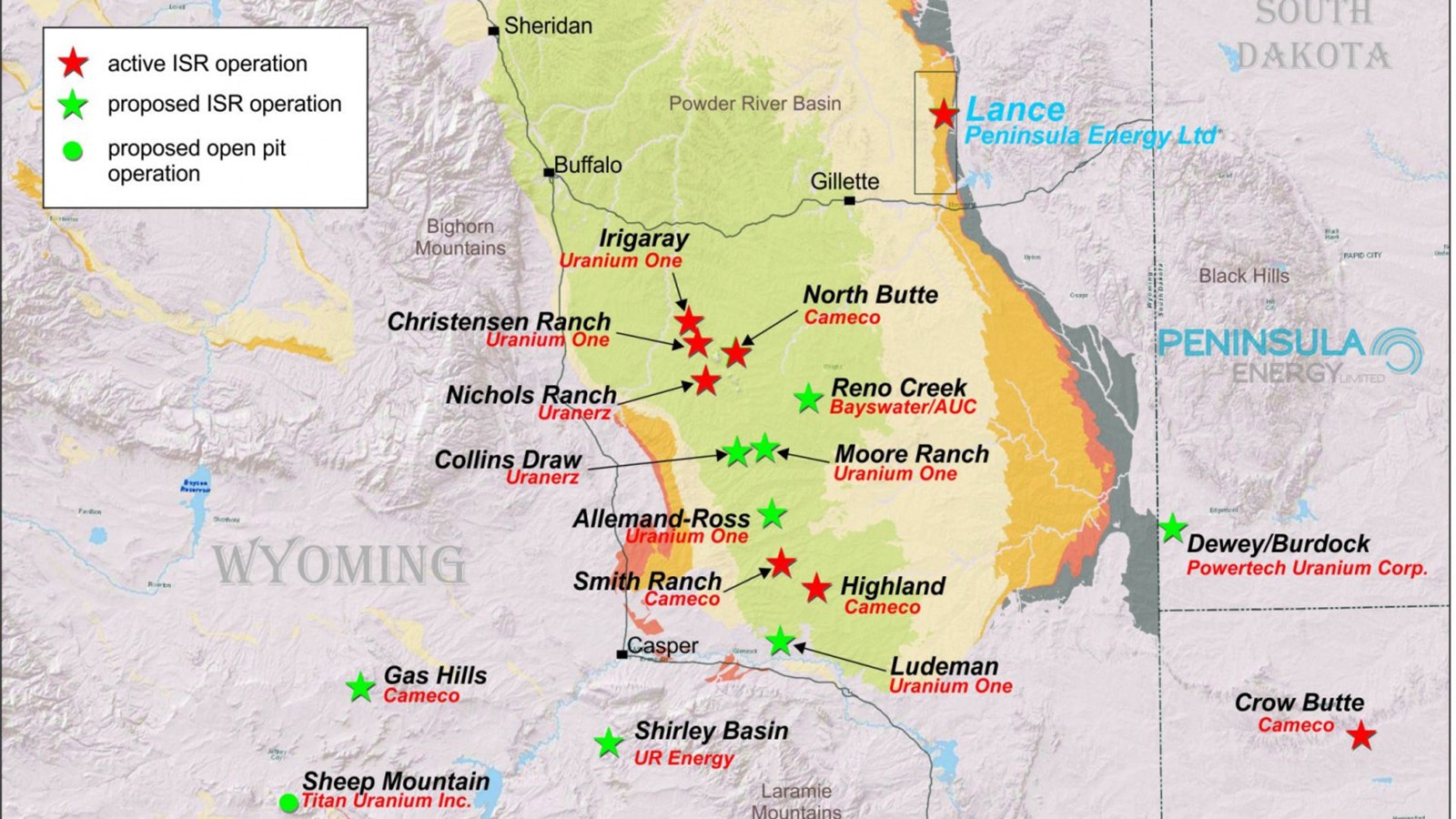 The Lance uranium projects in northeast Wyoming, mostly in the Powder River Basin.