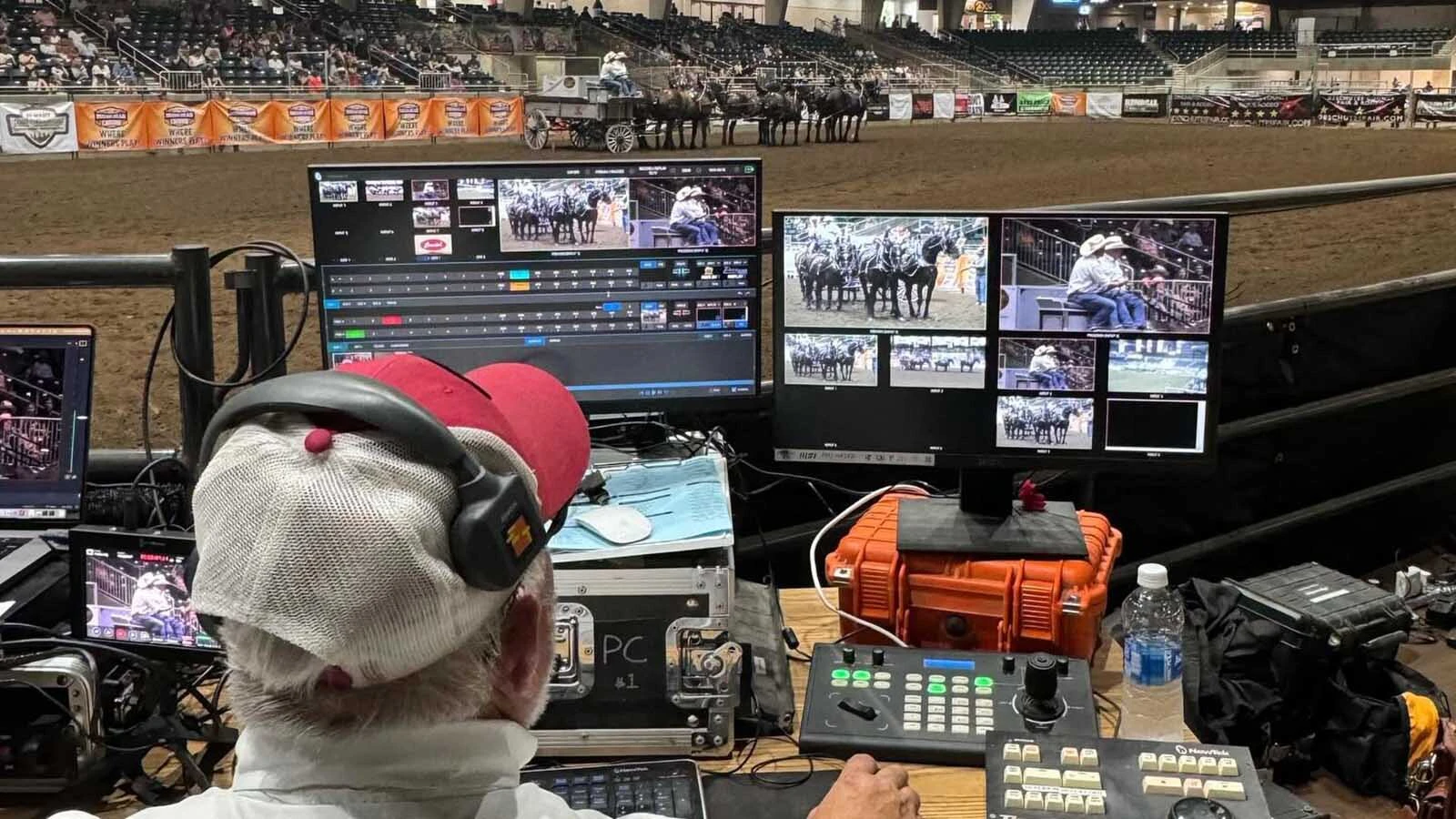 The view from Stuart Pierson's video production station at one of the dozens of rodeos he produces a year.