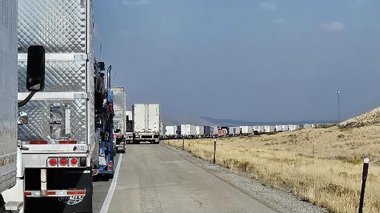 A long line of cars and commercial trucks were stuck for more than eight hours on I-80 east on Saturday, Sept. 7, 2024.