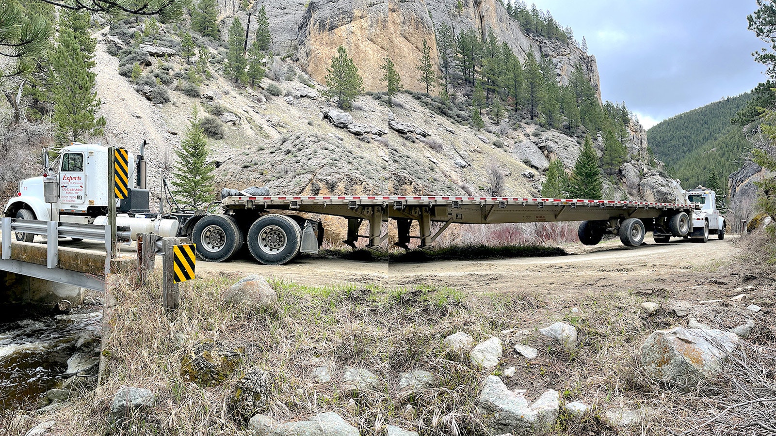 Experts Towing handles a tricky extraction in Crazy Woman Canyon in this composite image showing the stuck truck from opposite angles. It wasn't their first, nor last.