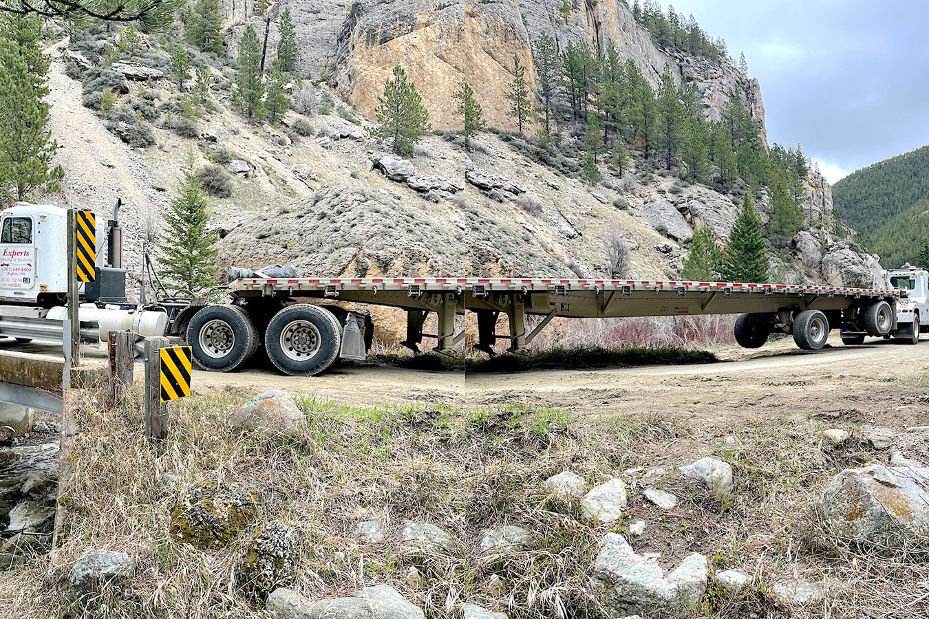 Experts Towing handles a tricky extraction in Crazy Woman Canyon in this composite image showing the stuck truck from opposite angles. It wasn't their first, nor last.