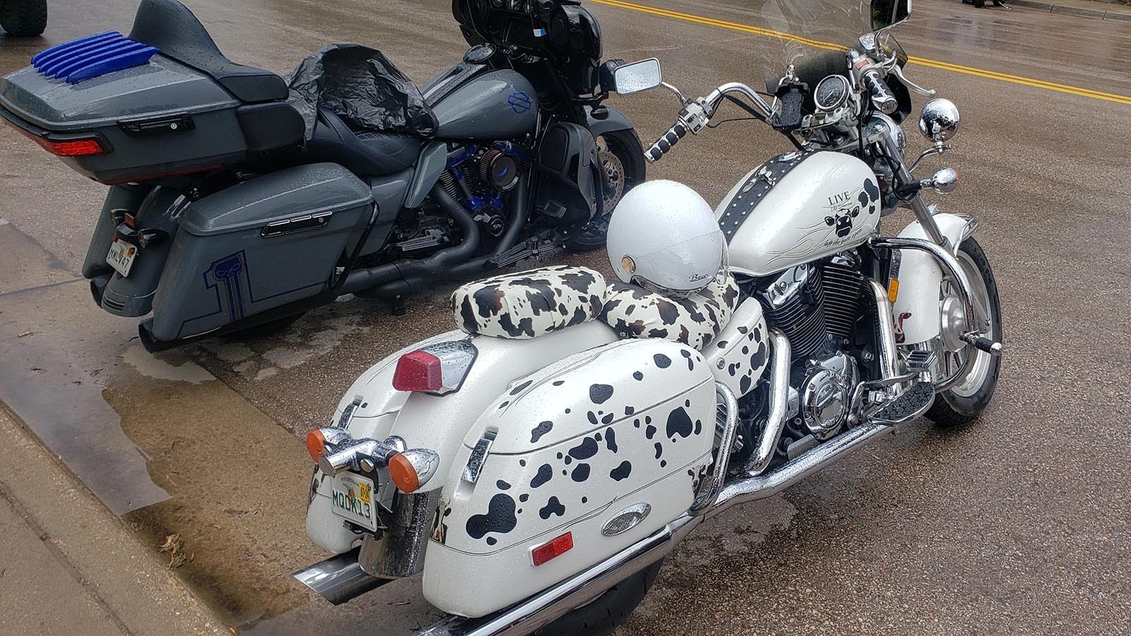 A Dalmatian-spotted motorcycle was among the rides parked in Hulett on a rainy Thursday afternoon.