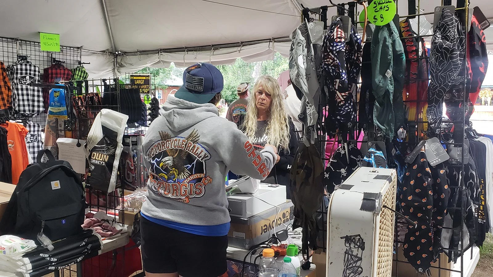 Customers are line up to buy Sturgis memorabilia in Hulett Wyoming one of several small towns on the Devils Tower Loop.