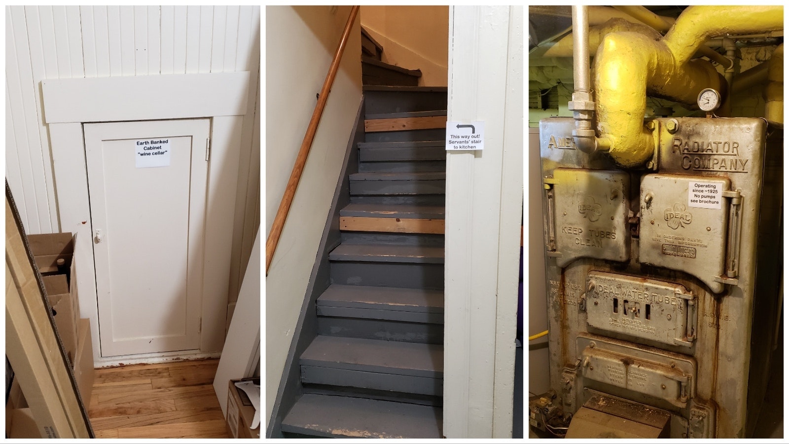 Laundry chute on the bedroom floor leads to the main floor, left; while signs for the steep basement stairway help guide people around the house, center; the old boiler is still in the basement, right.