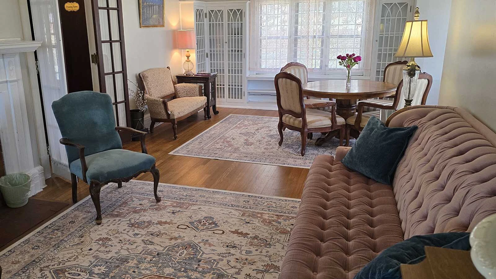 The parlor at the Sturgis Mansion, has been restored as part of a new craft retreat business called Hollowberry Manor.