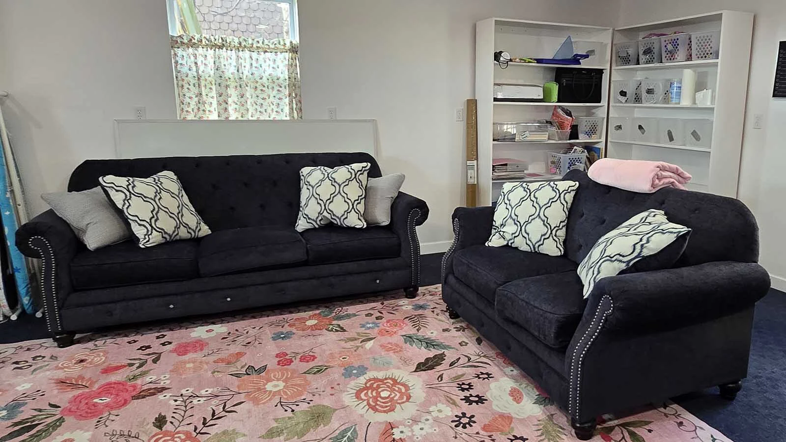 The crafting center at Sturgis Mansion's Hollowberry Manor includes comfortable seating.