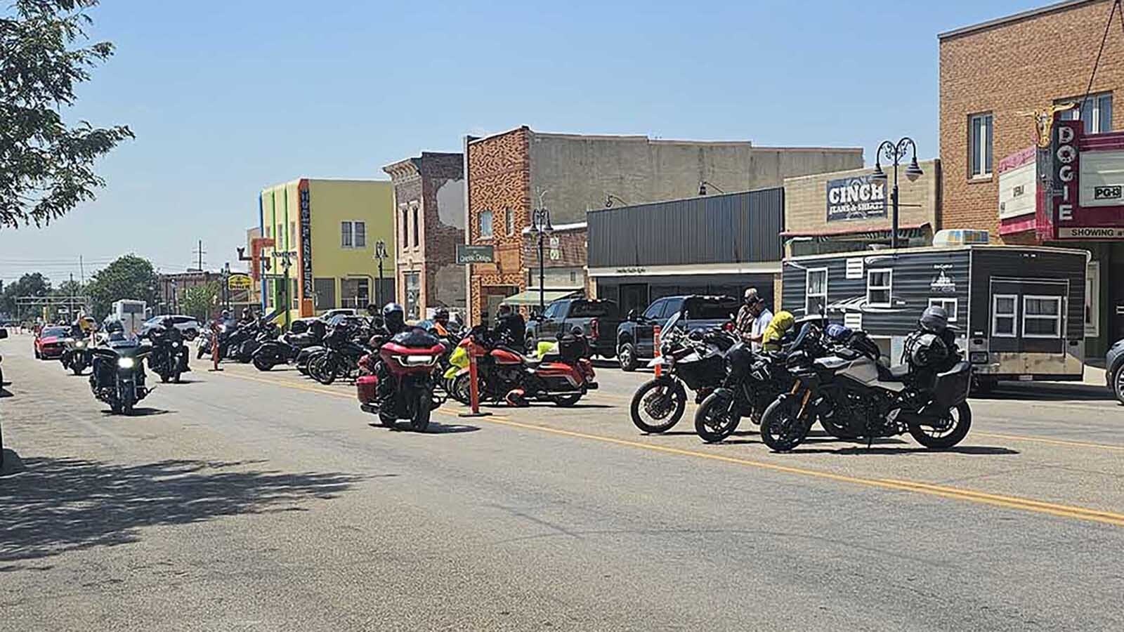 A small cloud of motorcycles had found downtown Newcastle Friday afternoon, and were looking for adventures on Wyomingn's Black Hills side.