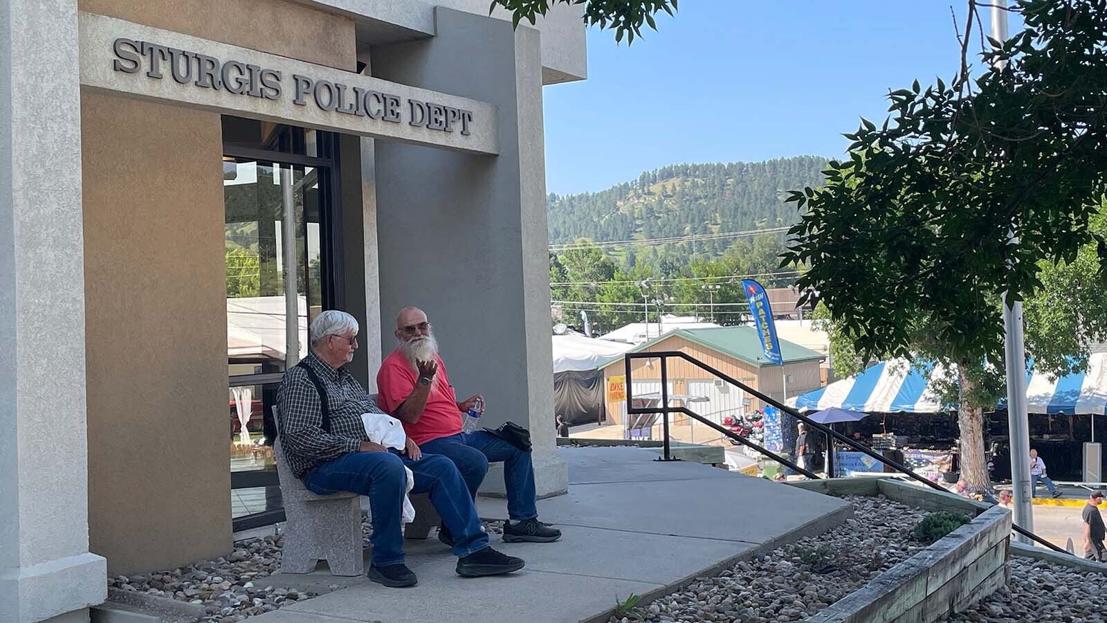 The seat in front of the Sturgis Police Department is a good vantage point for people-watching during the Sturgis Motorcycle Rally.