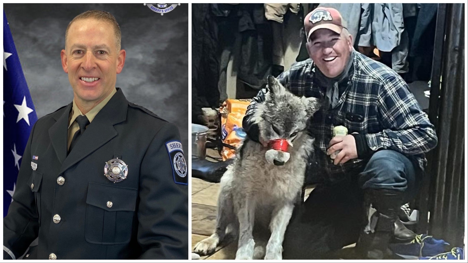 Sublette County Sheriff K.C. Lehr says in a statement that his office is investigating the alleged mistreatment of a wolf. At right in a provided exclusively to Cowboy State Daily, a wolf with red tape wound tightly around its muzzle looks down as Cody Roberts of Daniel, Wyoming, poses with it. No reproduction without permission.