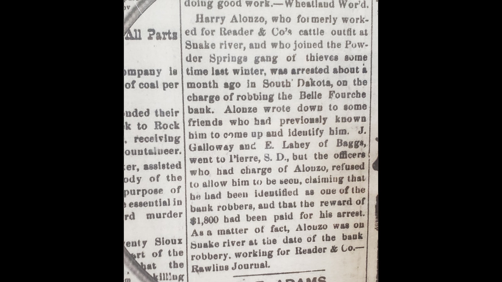 A newspaper clipping with a report from the Rawlins Journal about efforts to prove Harry Longabaugh's (aka the Sundance Kid) innocence in a robbery committed in South Dakota.