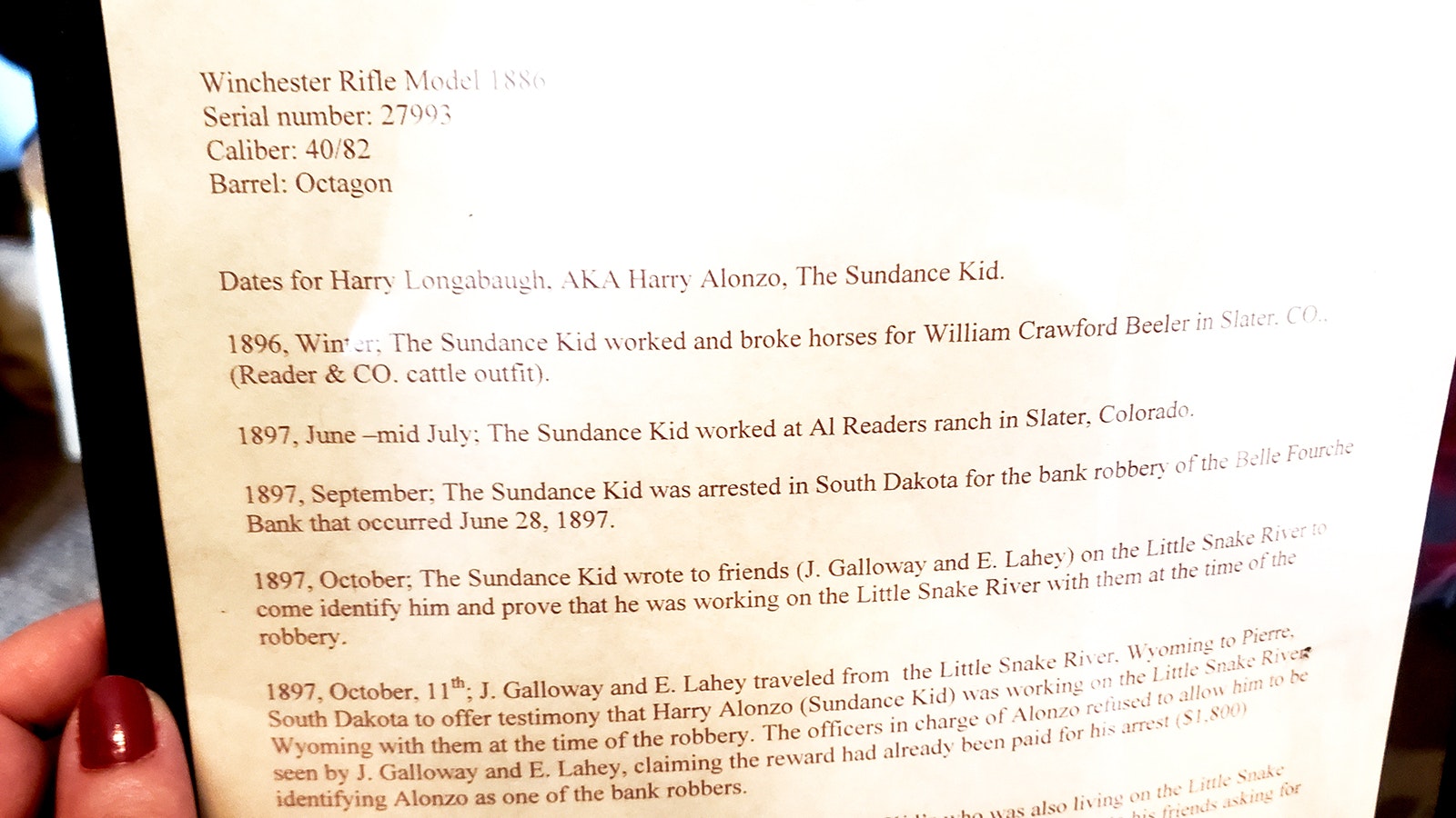 A timeline of events related to the whereabouts of Harry Longabaugh, aka the Sundance Kid, when the June 1897 bank robbery of a Belle Fourche South Dakota Bank took place.