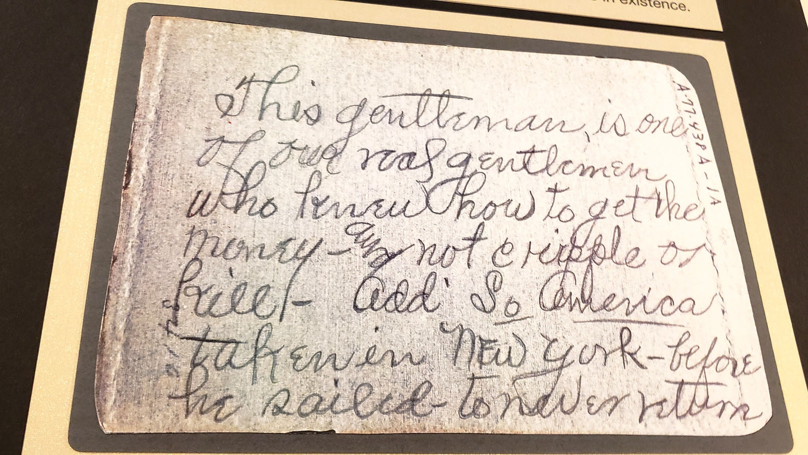 A note written on the back of the Sundance Kid photo with Ella Place in the handwriting of Minnie Brown. The photo was in one of her scrapbooks.