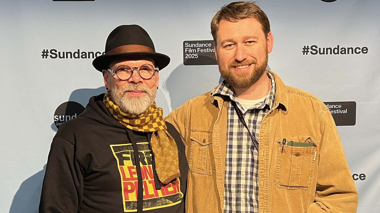 Preston Randolph, right, with David France, one of the co-directors of Free Leonard Peltier" at the film's premiere at the Sundance Film Festival.