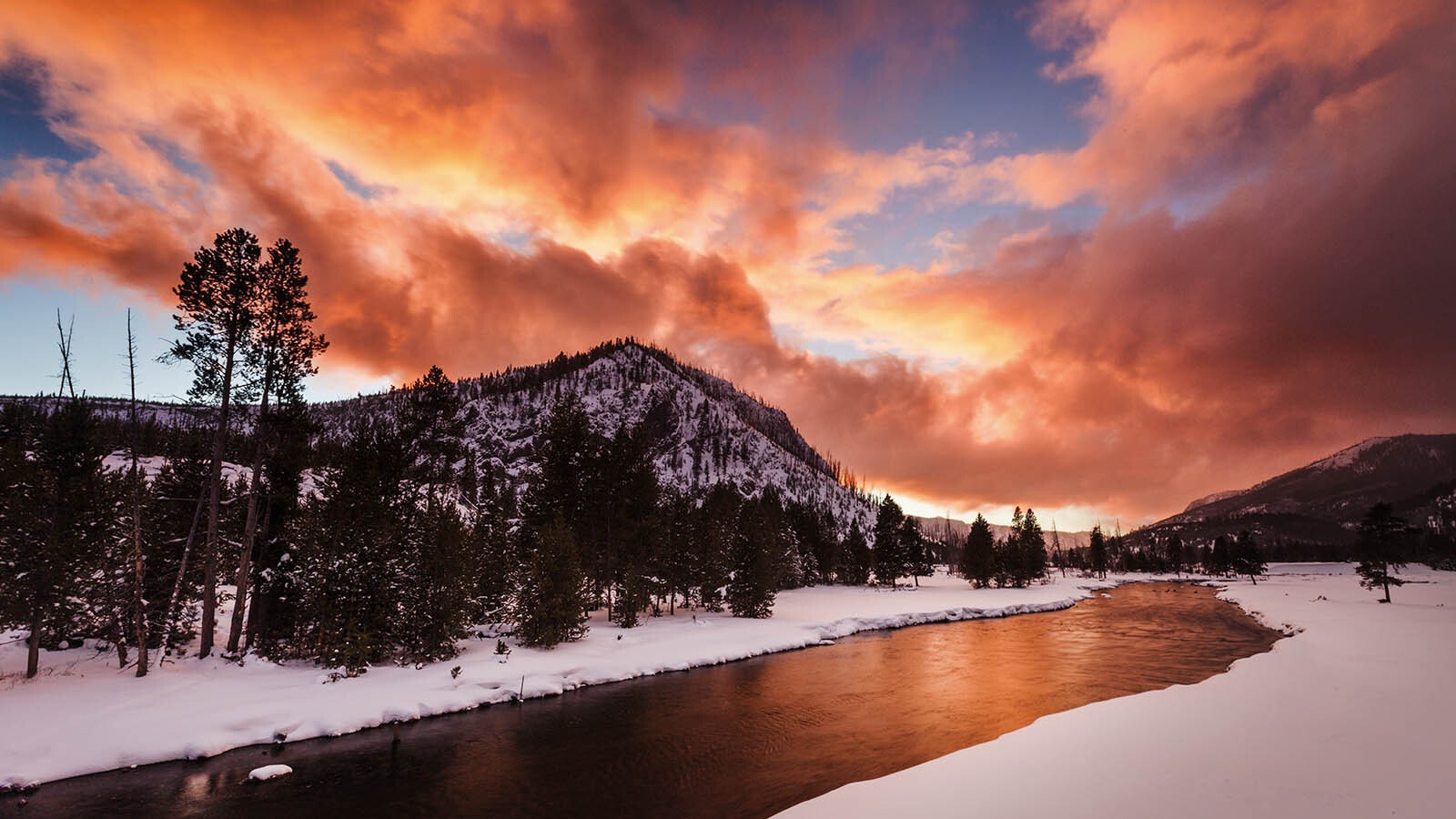 Sunset over Gibson River in Yellowstone National Park.