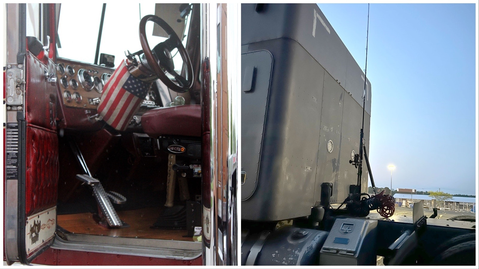 The cab of Clyde Green’s truck, left. At right, Kyle Holloway straps his fishing pole to the back of his cab.