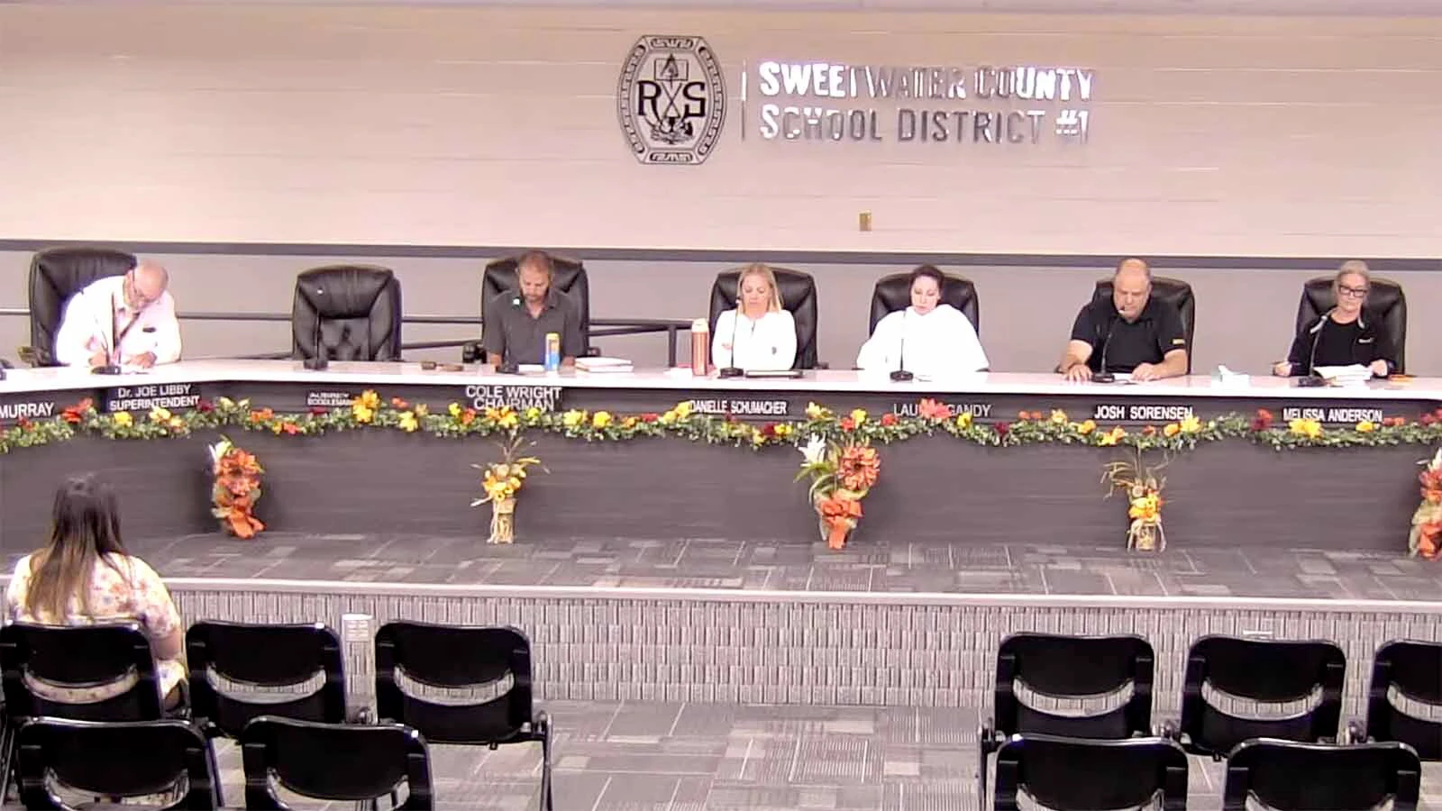 The Sweetwater County School District 1 Board of Trustees votes Monday, Sept. 14, 2026, to put Superintendent Joseph Libby, far left, on paid administrative leave.