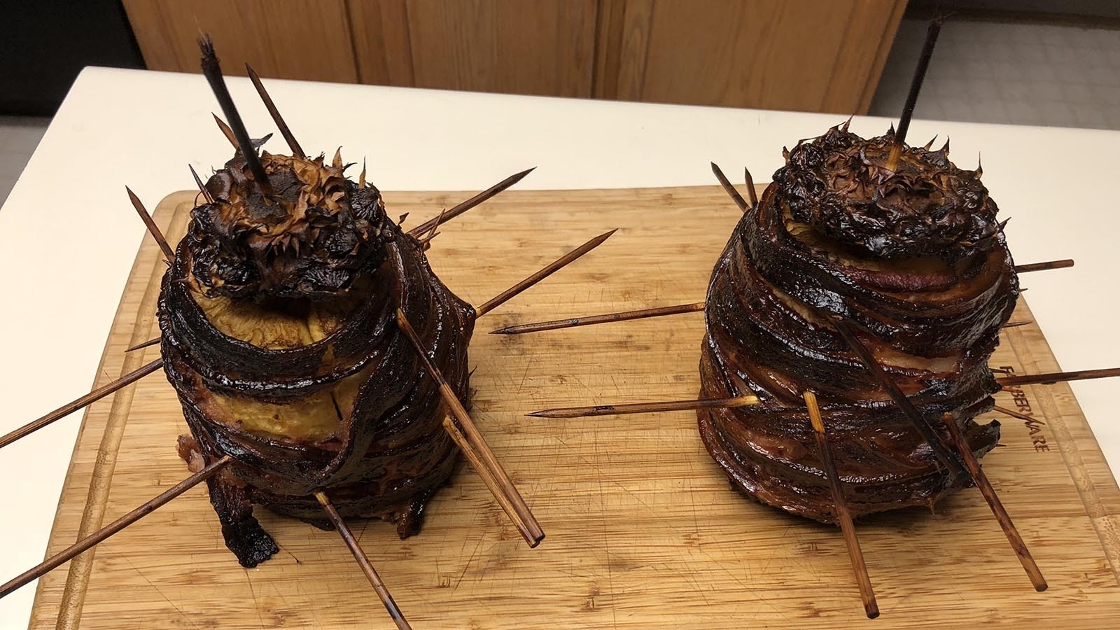 The infamous swineapple incident, when Jay Johnson made what sounded great — port loin smoked inside a bacon-wrapped pineapple — but turned out pretty disgusting. The skeweres were used to hold the bacon on.