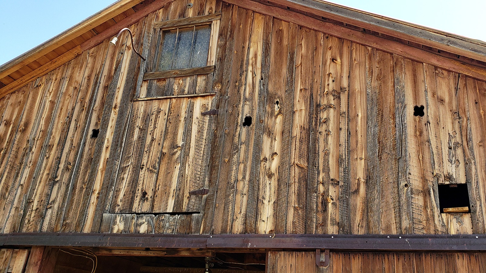These cloverleaf holes in the TA Ranch's barn were cut to hold shotguns. Bullet holes are also still visible in the barn walls.