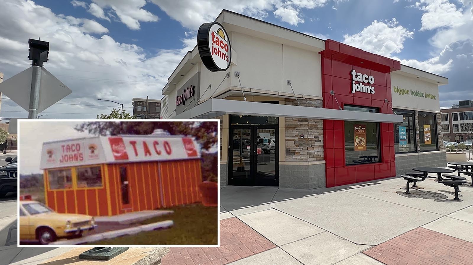 The new Taco John's has modernized, including using AI and data analytics to challenge Taco Bell's youth market. Inset is one of the first Taco John's in Cheyenne, along with an updated restaurant near the state Capitol.