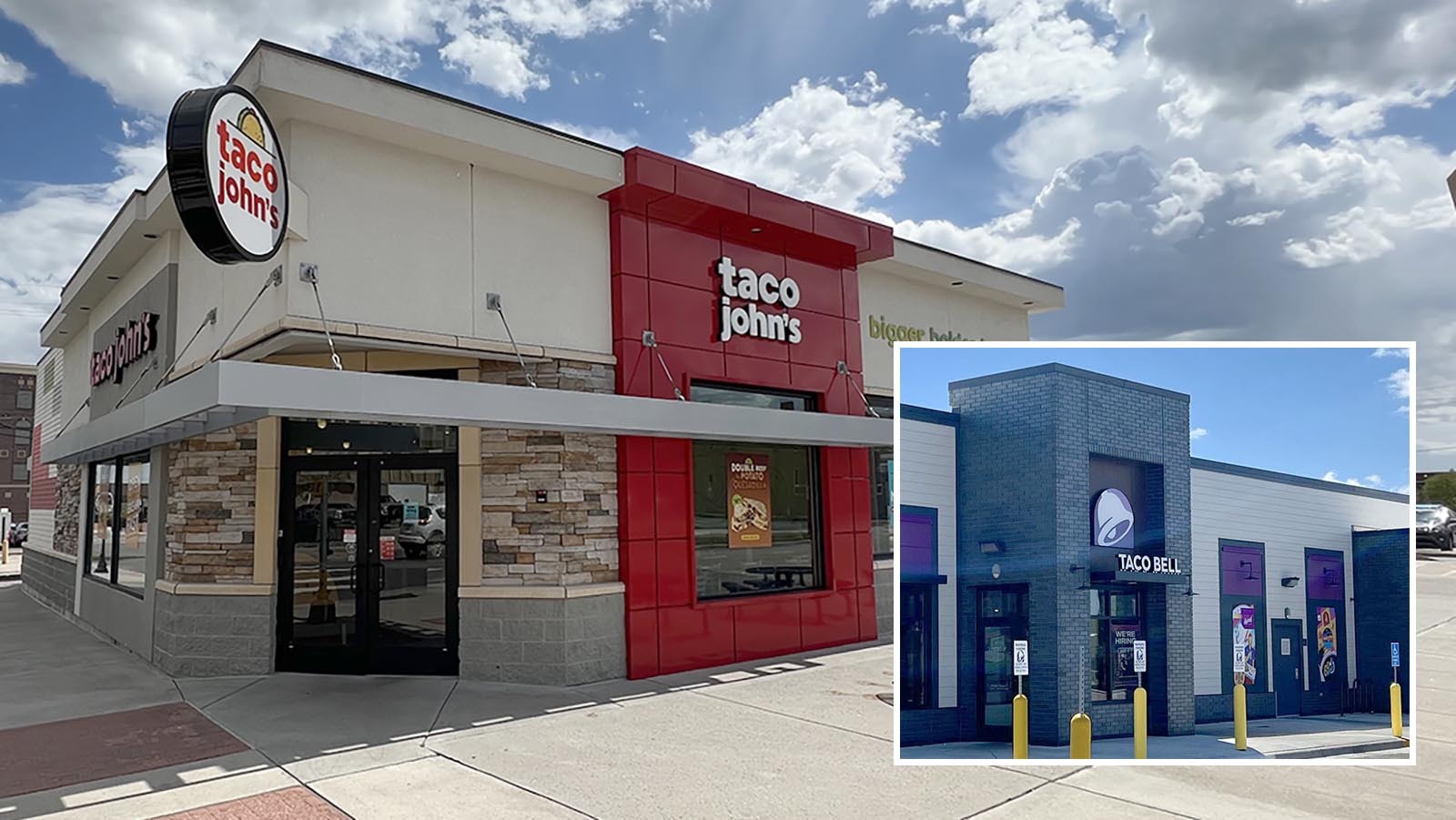 The new Taco John's has modernized, including using AI and data analytics to challenge Taco Bell's youth market. Inset is one of the first Taco John's in Cheyenne, along with an updated restaurant near the state Capitol.