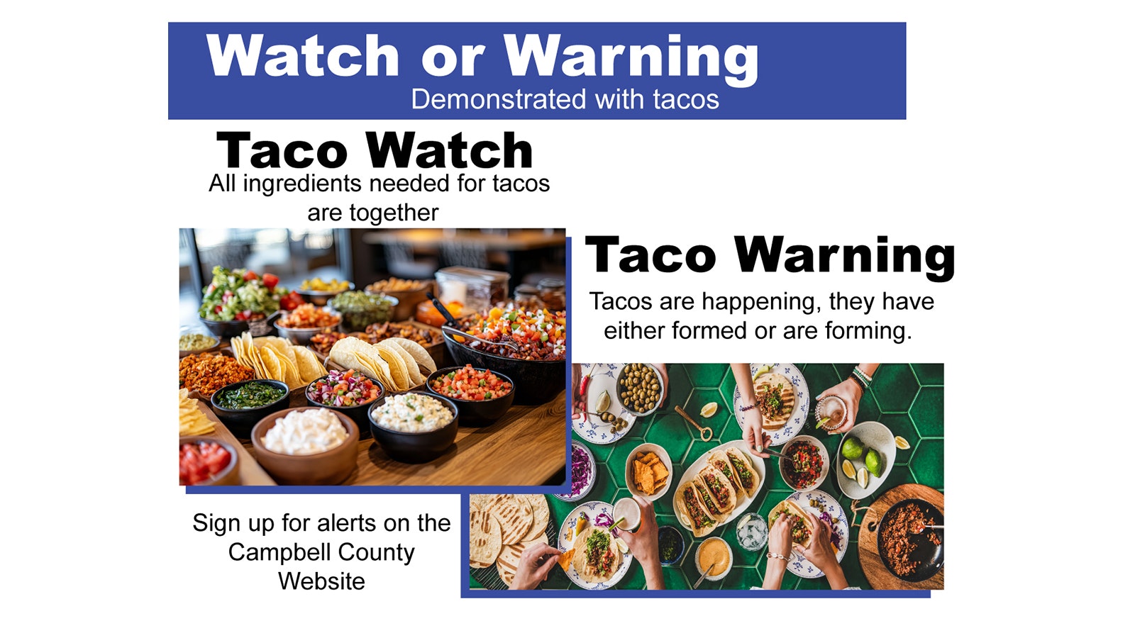 Campbell County, Wyoming, has a fun and tasty way to tell the difference between a winter storm watch and a warning — think of tacos.