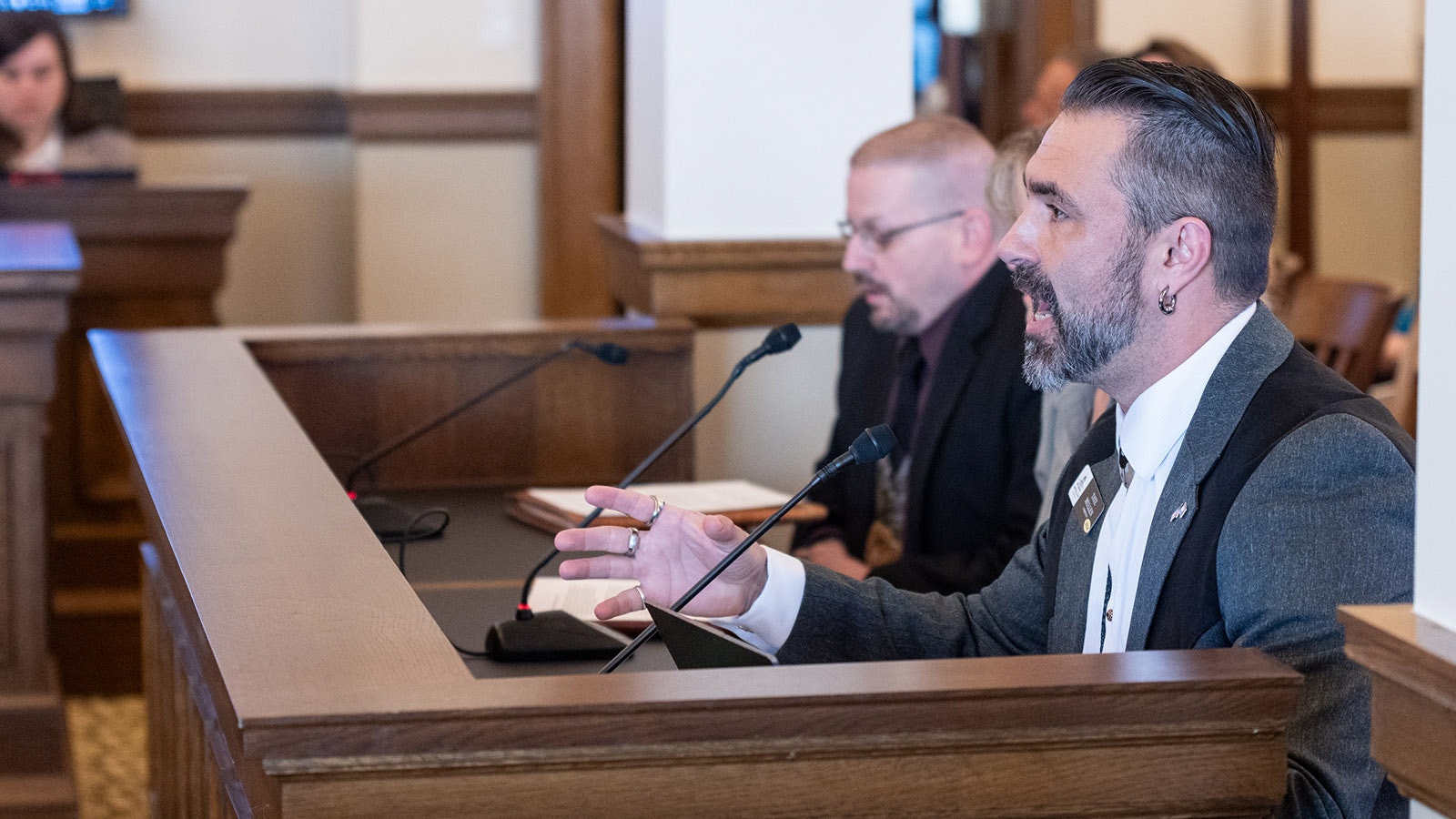 Tate Mullen, government relations director for the Wyoming Education Association, testifies against a bill that would establish an education savings account in Wyoming.