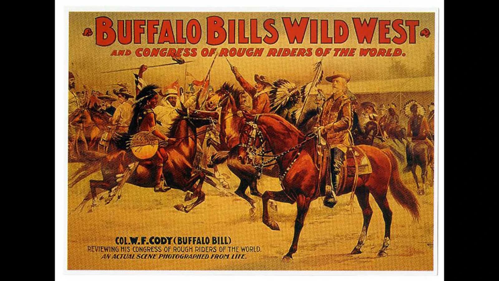 Buffalo Bill Cody reviews his Congress of Rough Riders of the World in a period postcard depicting his famous Wild West show.