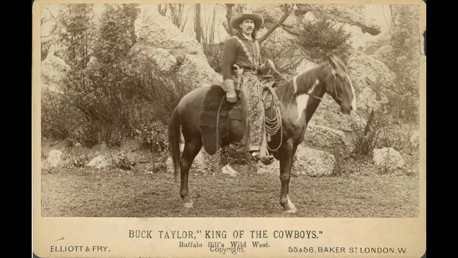 William Levi “Buck” Taylor, known as the “King of the Cowboys,” poses on a paint horse with Buffalo Bill’s Wild West in 1887.