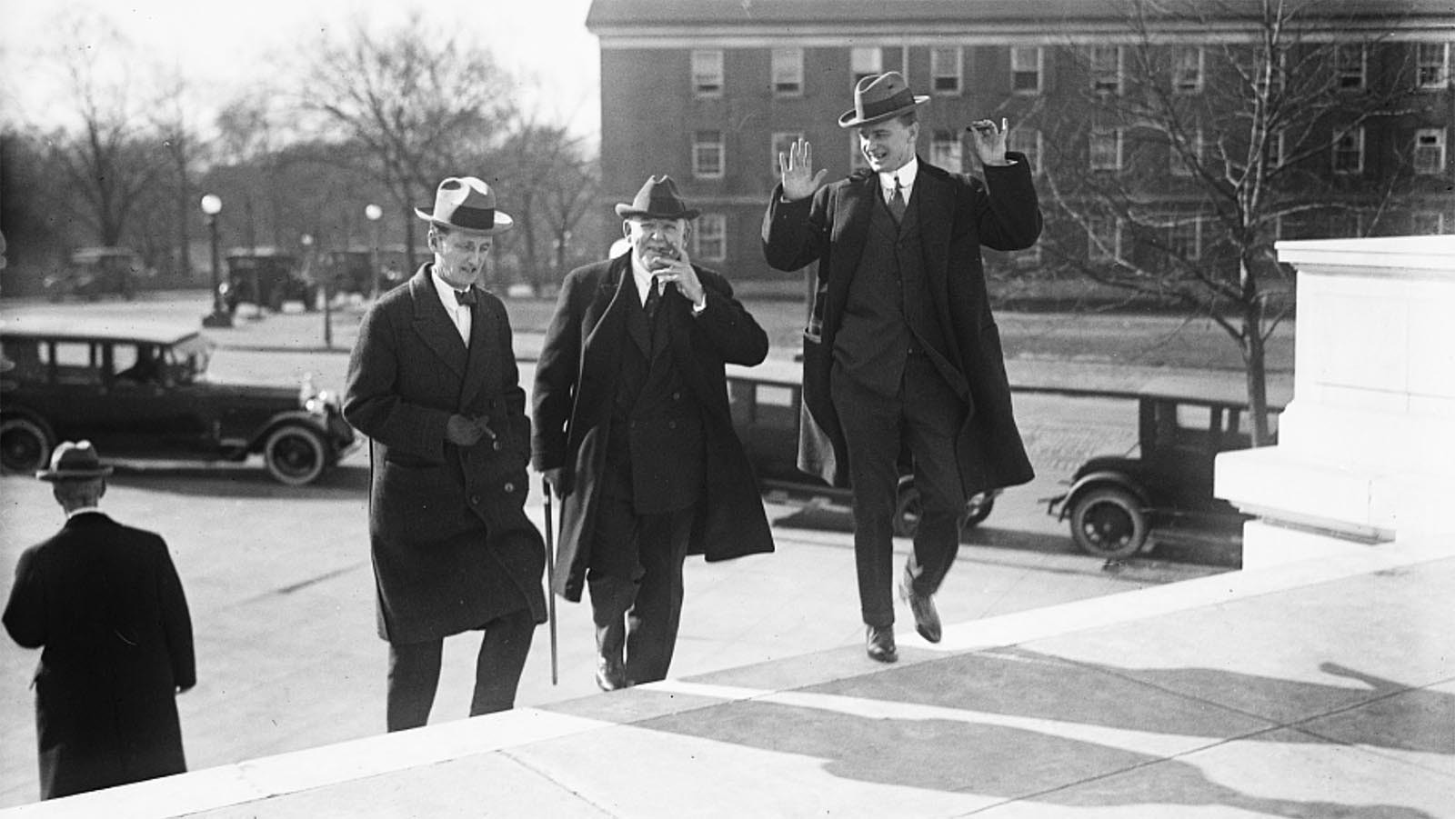 U.S. Secretary of the Interior Albert Fall, center, walks into a congressional hearing on the Teapot Dome scandal. He ordered the U.S. Marines to shut down an oil well at the Teapot Naval Petroleum Reserve.