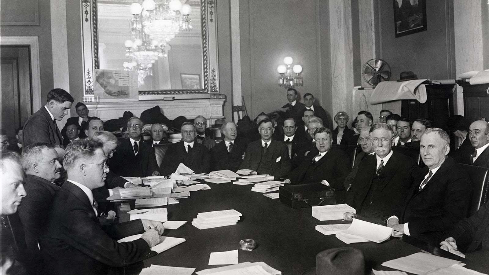 Edward L. Doheny, second from right, testifies before the Senate Committee investigating the Teapot Dome oil leases on Jan. 24, 1924. Pictured are, from left: Doheny, Sens. Dill, Pittman, Lenroot and Smoot.