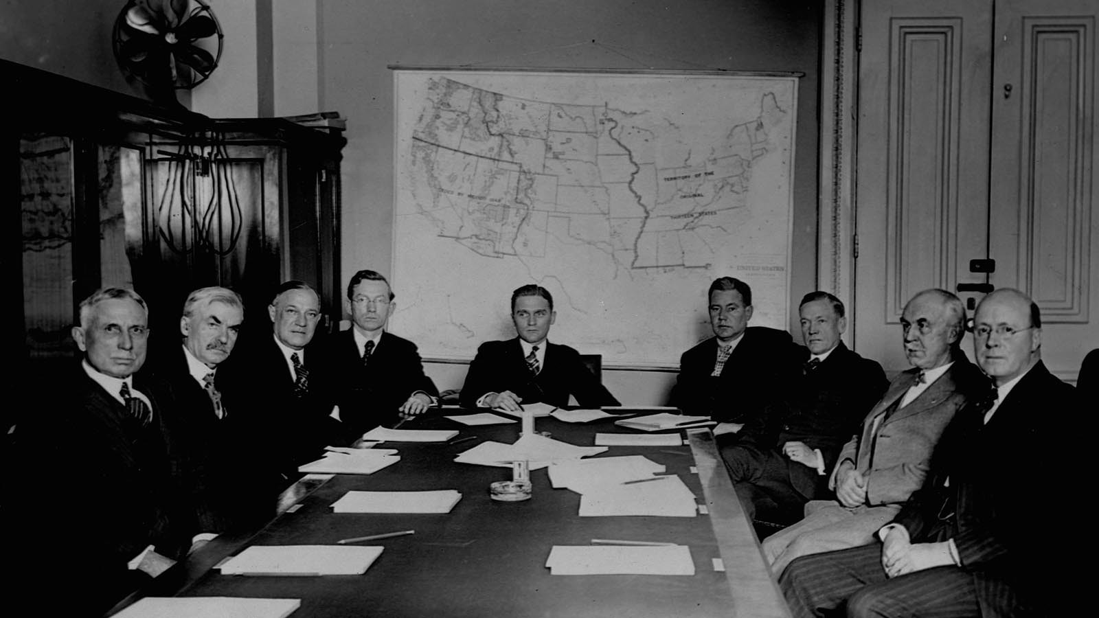 The Senate Public Lands Committee meets to investigate the Teapot Dome scandal, Washington D.C., circa 1924.