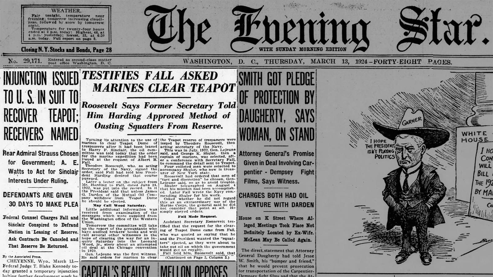 The Washington, D.C., newspaper The Evening Star on March 13, 1924, reported on testimony before a congressional committee on the U.S. Marine mission to Wyoming as the Teapot Dome scandal unfolded.