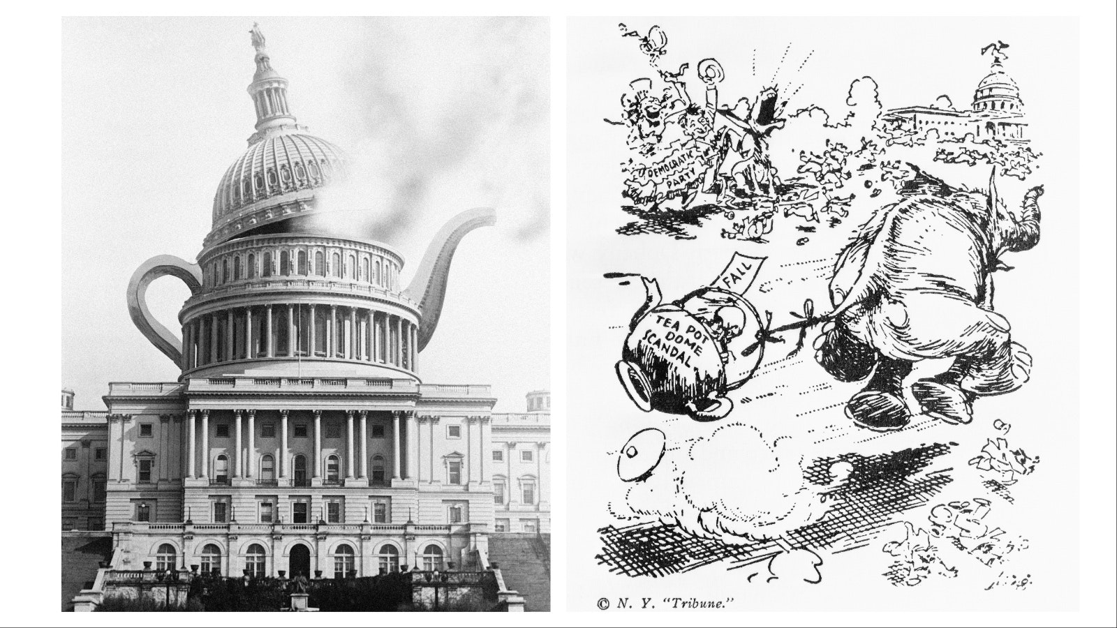 Left: Artist's conception of the famous Teapot Dome Scandal over oil leases, circa 1925. Right: A cartoon from the "N. Y. Tribune" entitled "The First Good Laugh They've had in Years," in which Cartoonist "Sing" satirizes the Democrats jubilation over the Teapot Dome Scandal. Undated illustration.