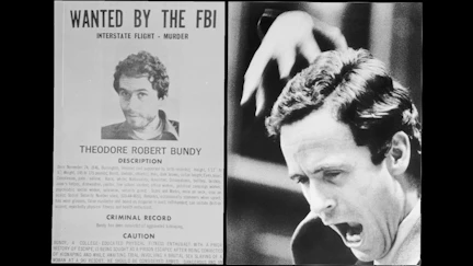 An FBI wanted poster for Ted Bundy, left, and his reaction to being given the death penalty.