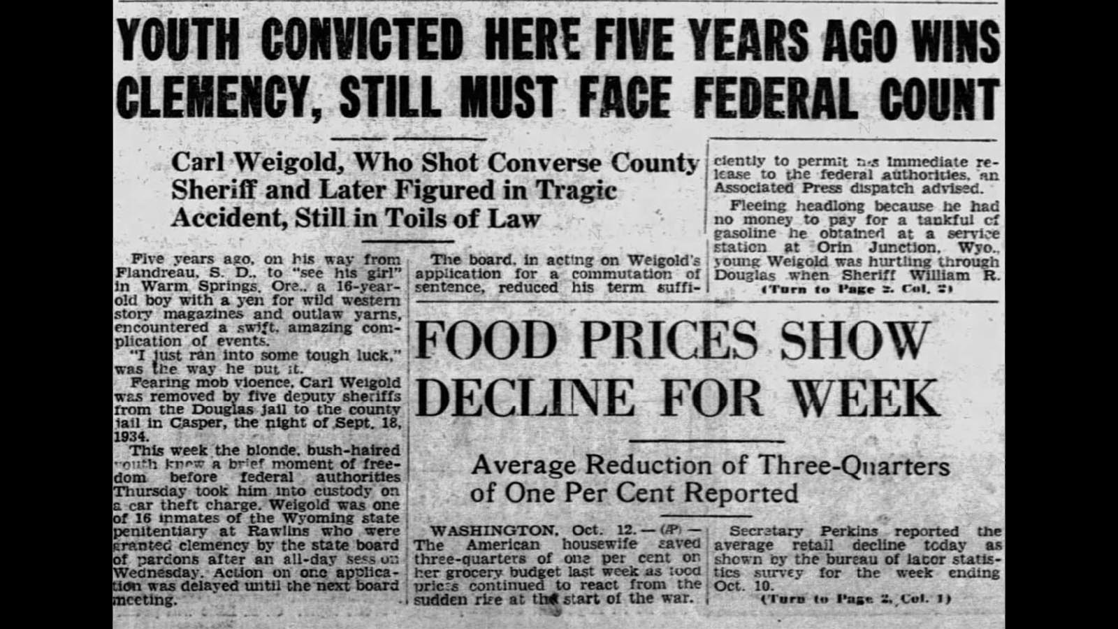 he Casper Tribune-Herald on Oct. 12, 1939, reports on Weigold’s clemency.