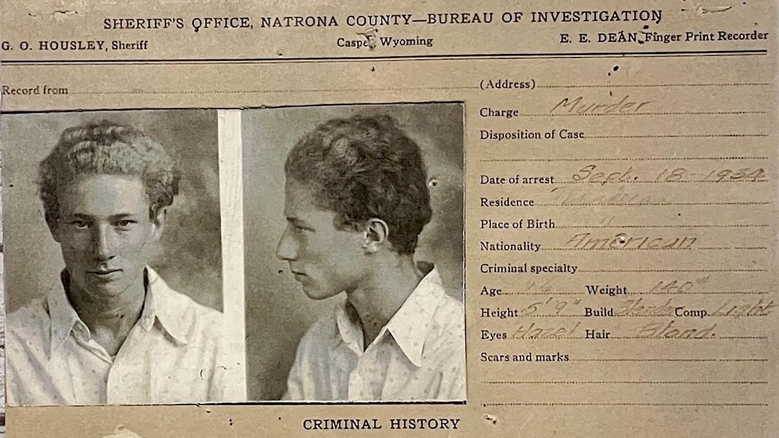 Curtis Weigold’s mugshot taken following his booking into the Natrona County Jail in 1934.