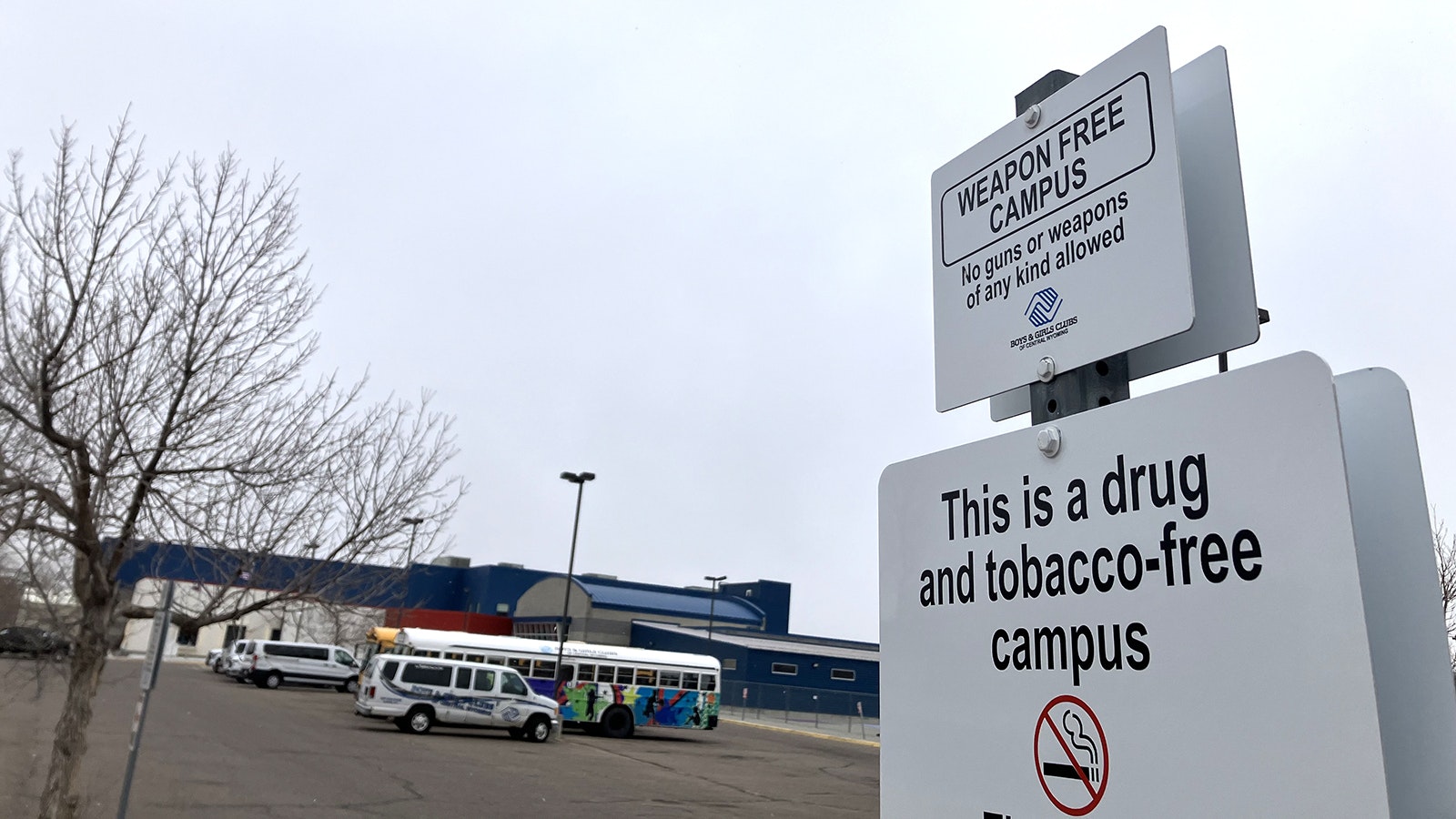 A sign at the entrance of the Boys and Girls Club of Central Wyoming reminds visitors the campus is “weapon free.”