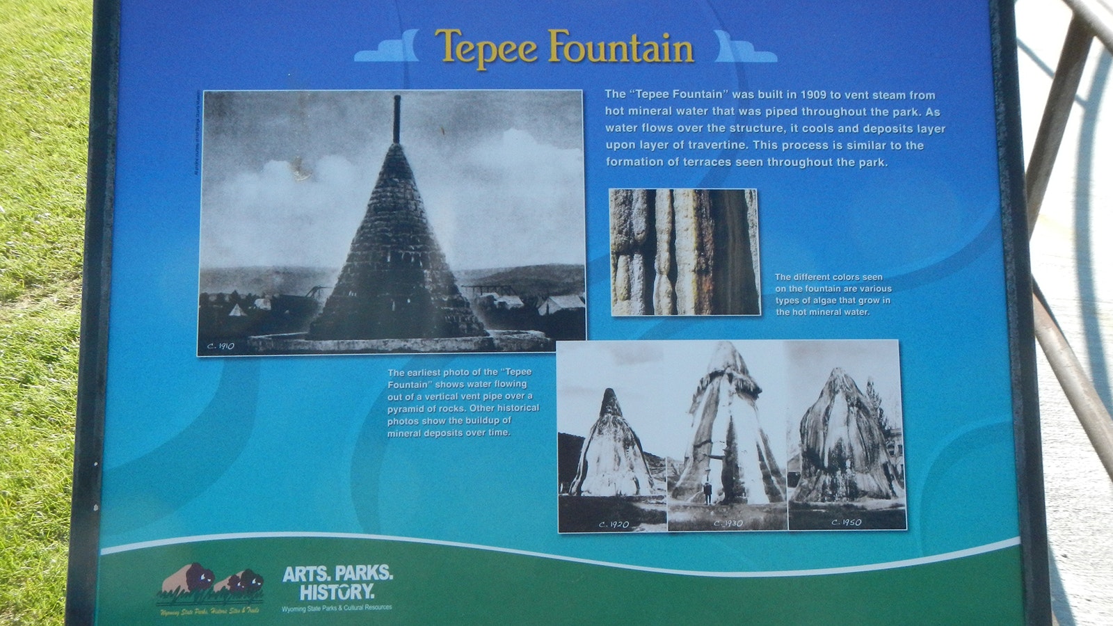 A plaque at Hot Springs State Park explains how the Teepee Fountain was formed.