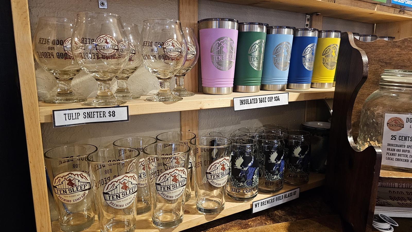 A variety of glasses and other memorabilia are for sale at Ten Sleep Brewery.