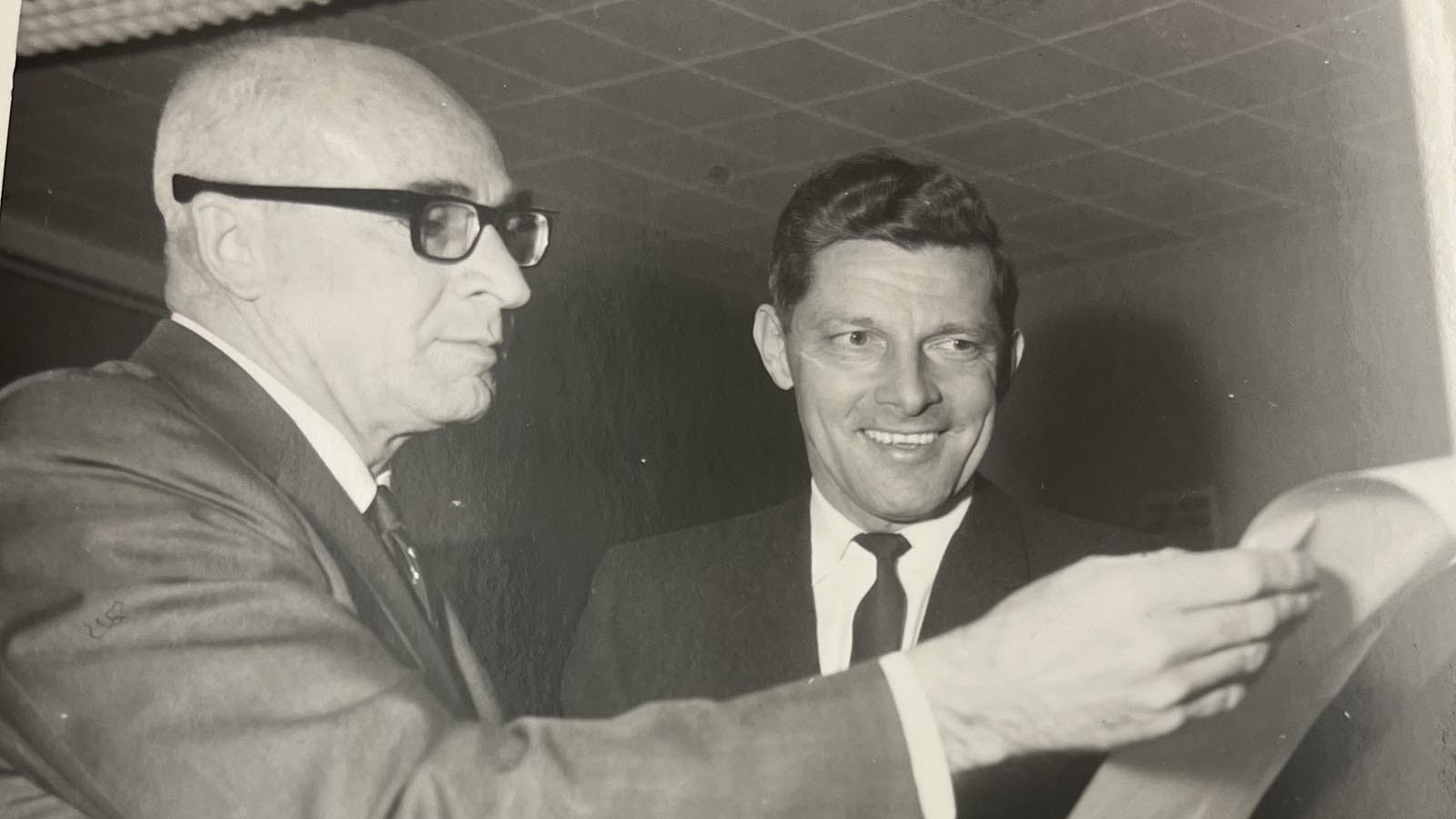 Former Wyoming Congressman Teno Roncalio, left, and Gale McGee early check the election results.