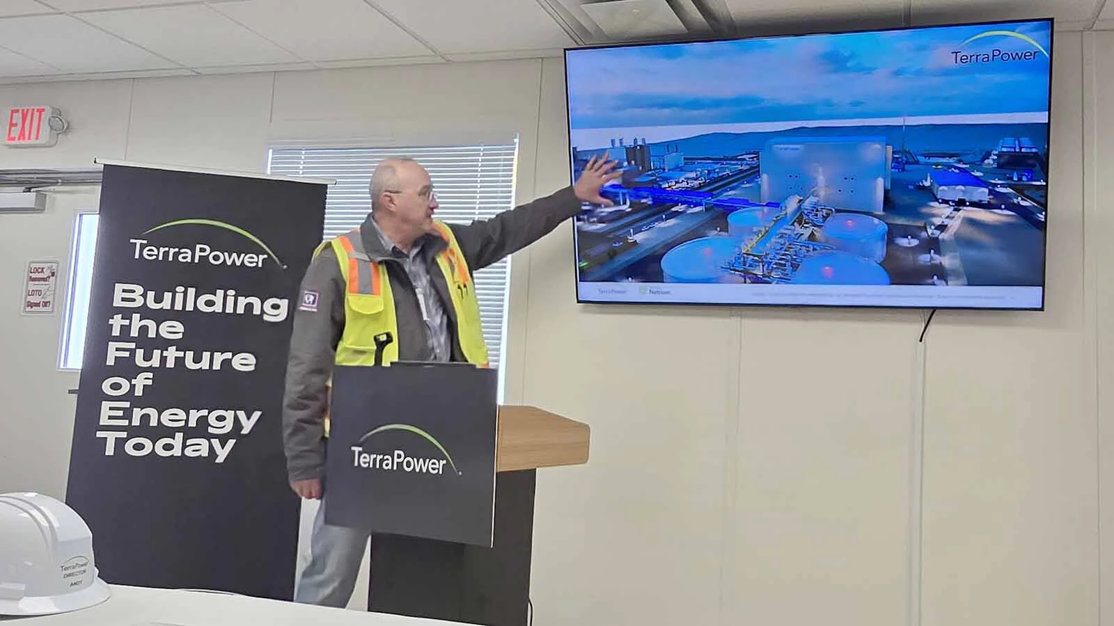 TerraPower Director of Construction Andy Churusciel talks about a video rendering of TerraPower's new Natrium plant during its first day of construction.