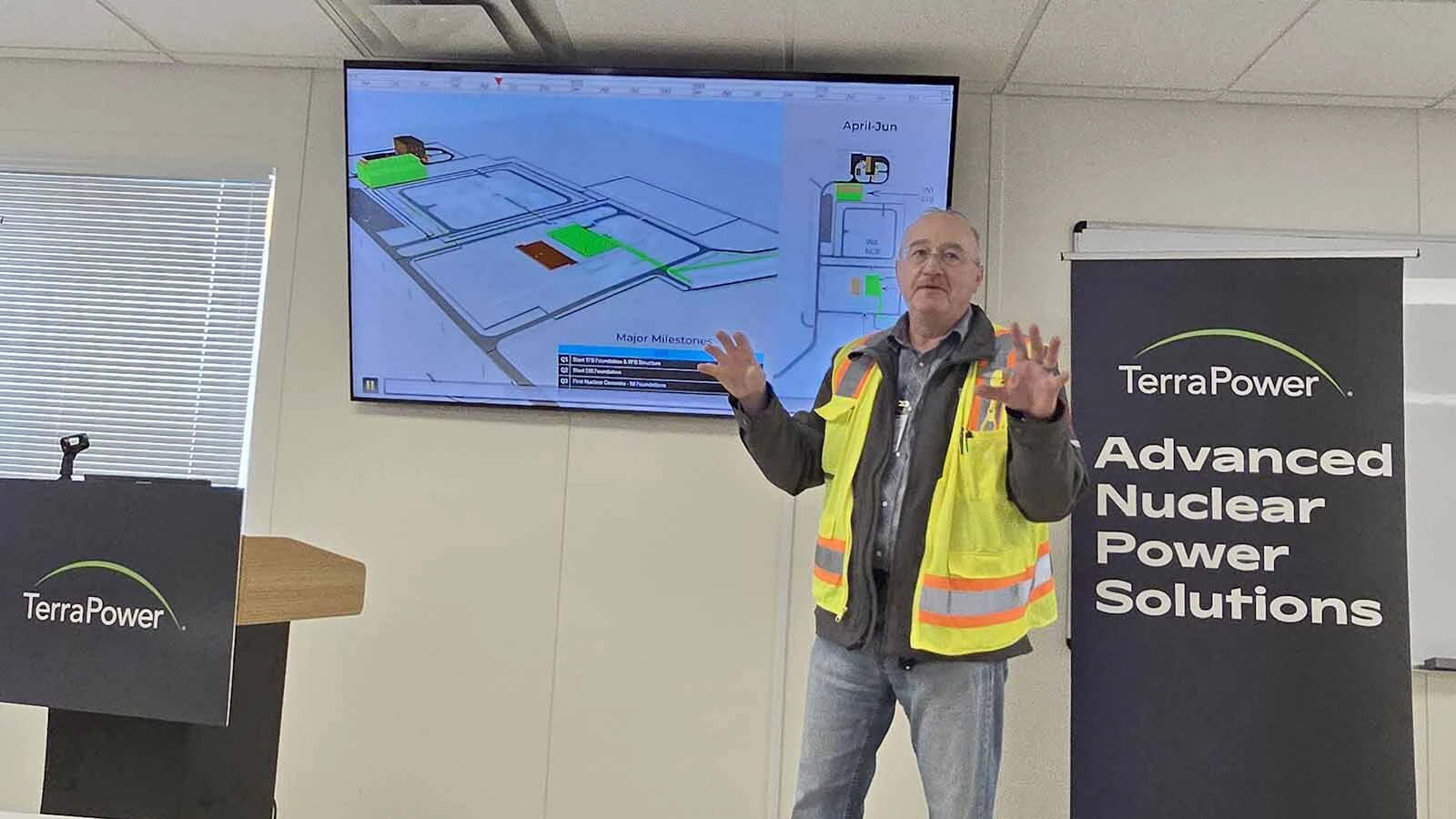 TerraPower Director of Construction Andy Churusciel talks about a digital model showing the timeline of construction at TerraPower's new Natrium plant in Kemmerer. Today was the first day of construction for the nuclear portion of the plant.