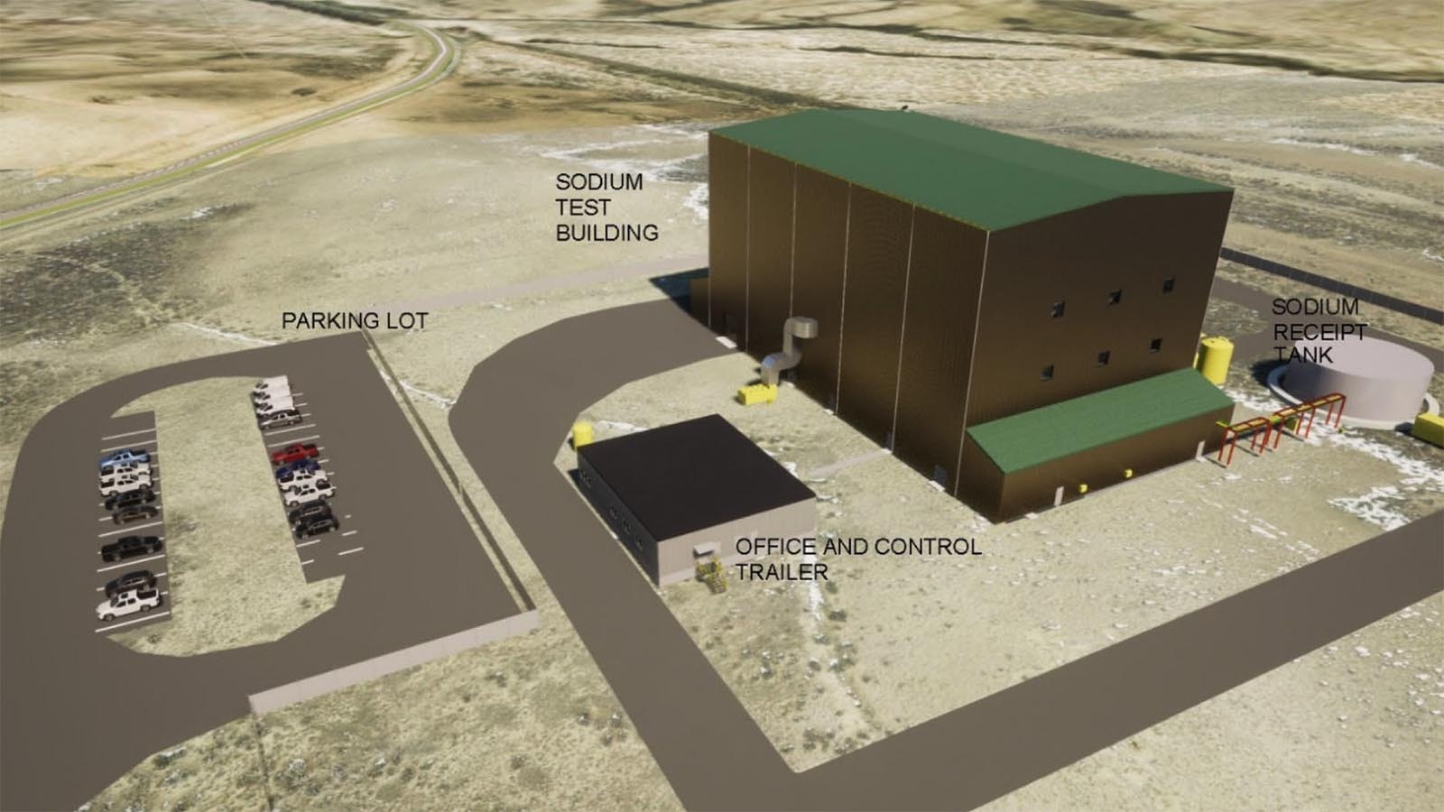 A rendering of the test and fill facility being built at the site of TerraPower's Natrium nuclear reactor in Kemmerer, Wyoming.