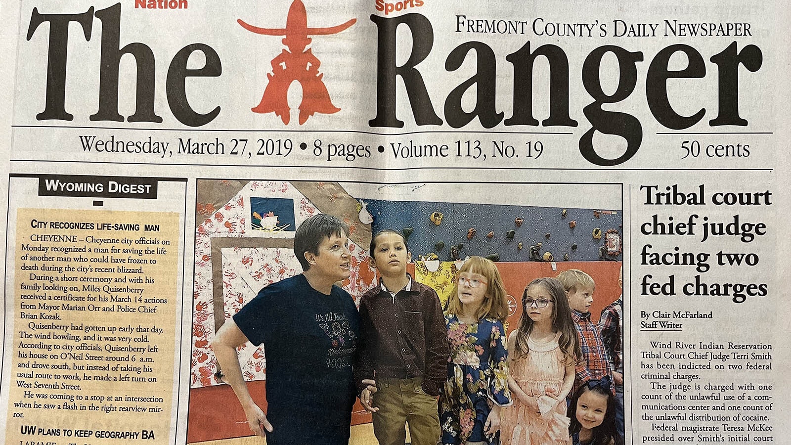 The March 27, 2019, edition of Riverton, Wyoming, newspaper The Ranger, in which Smith’s story led on the front page. The story quickly went national.