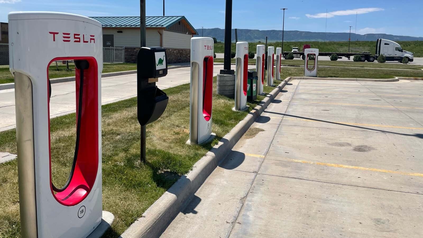Tesla Supercharger station in Evansville awaits the next round of drivers.