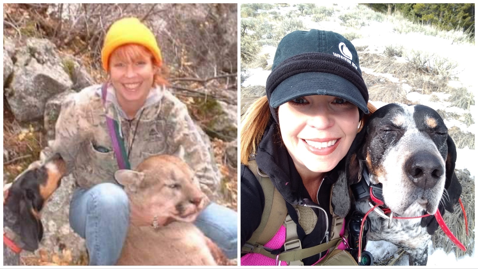 Tessa Fowler was one of the first women to guide mountain lion hunts in Wyoming. She bagged her own mountain lion in 2003, left. Her old blue tick hound dog Warden, right, has saved her more than once by chasing off grizzly bears in the Wyoming backcountry.