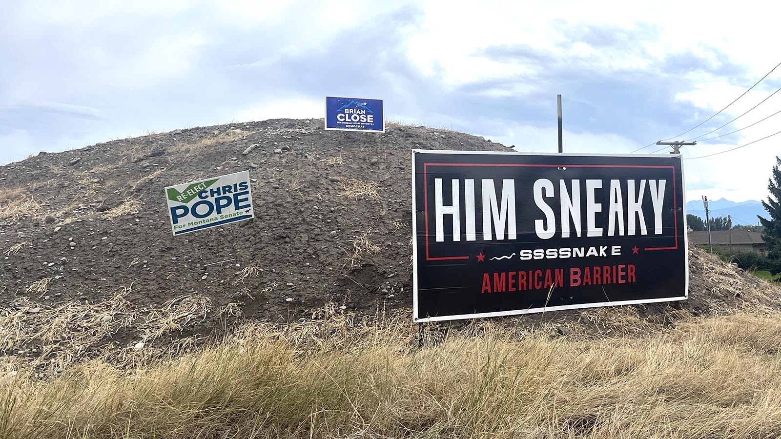 A satirical political sign criticizing U.S. Senate candidate Tim Sheehy, a Republican, who's challenging incumbent Democrat Jon Tester in a race that could decide the balance in the Senate.