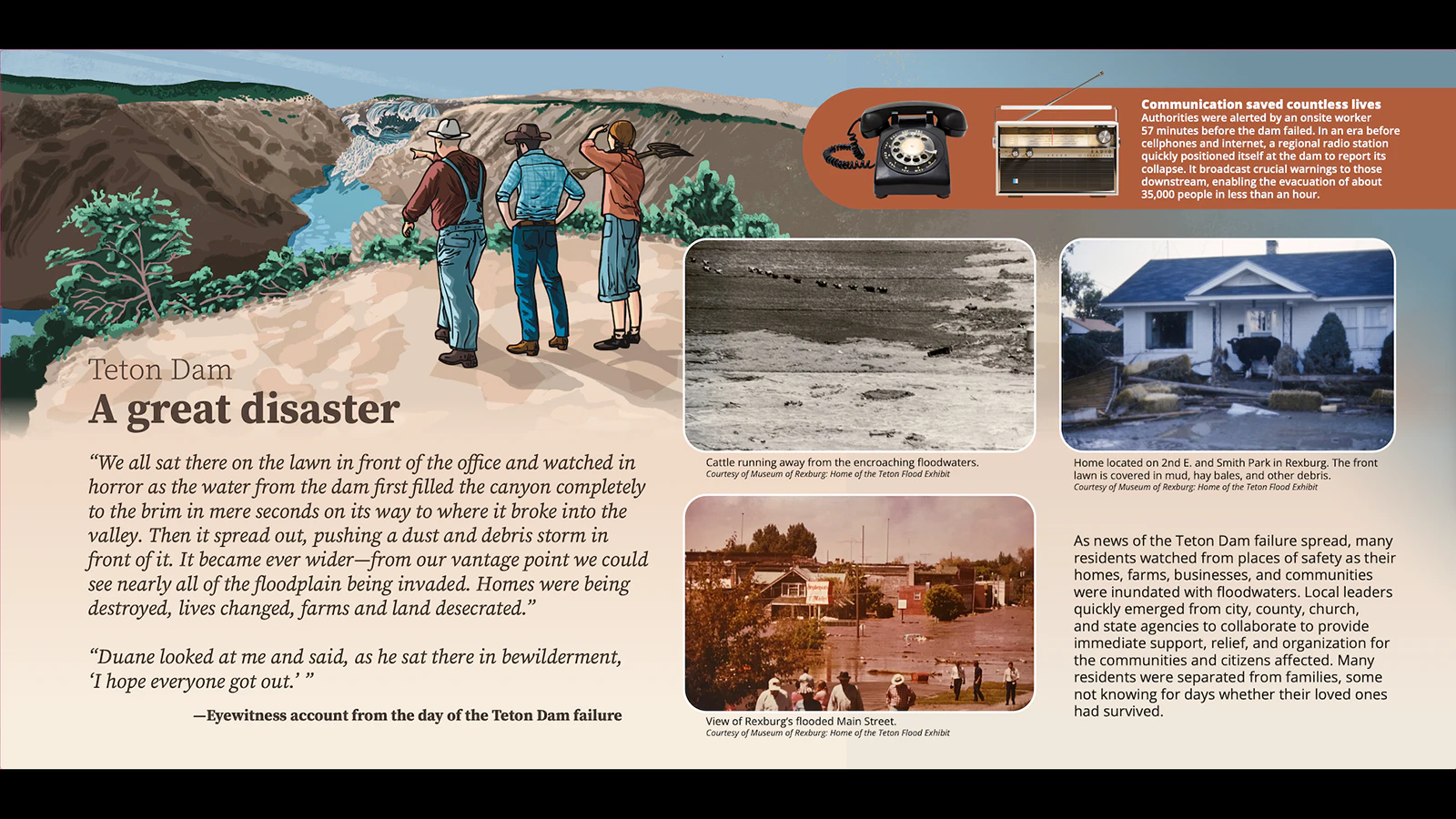 Dam panels erected by the U.S. Bureau of Reclamation explain the history of the dam and disaster.
